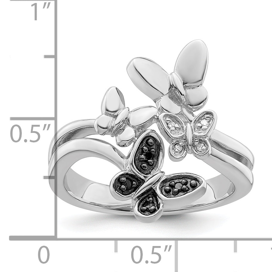 White Night Sterling Silver Rhodium-plated White and Black Diamond Butterfly Ring