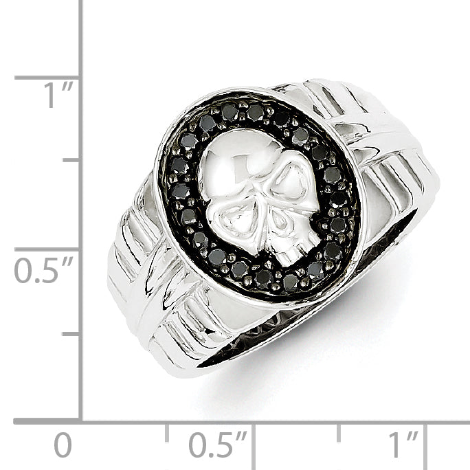 White Night Sterling Silver Rhodium-plated Black Diamond Oval Skull Men's Ring