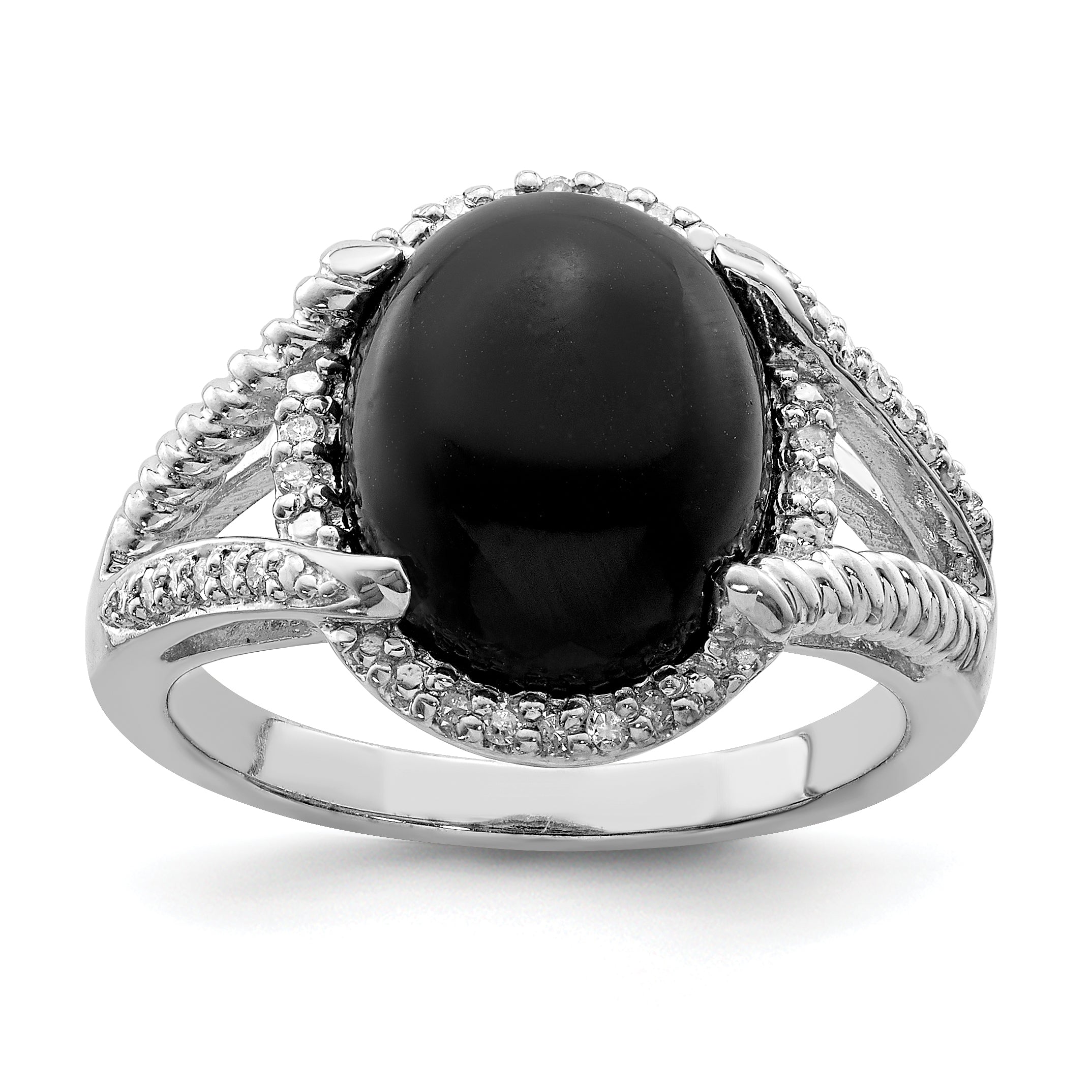 Sterling Silver Rhodium-plated Onyx and Diamond Ring