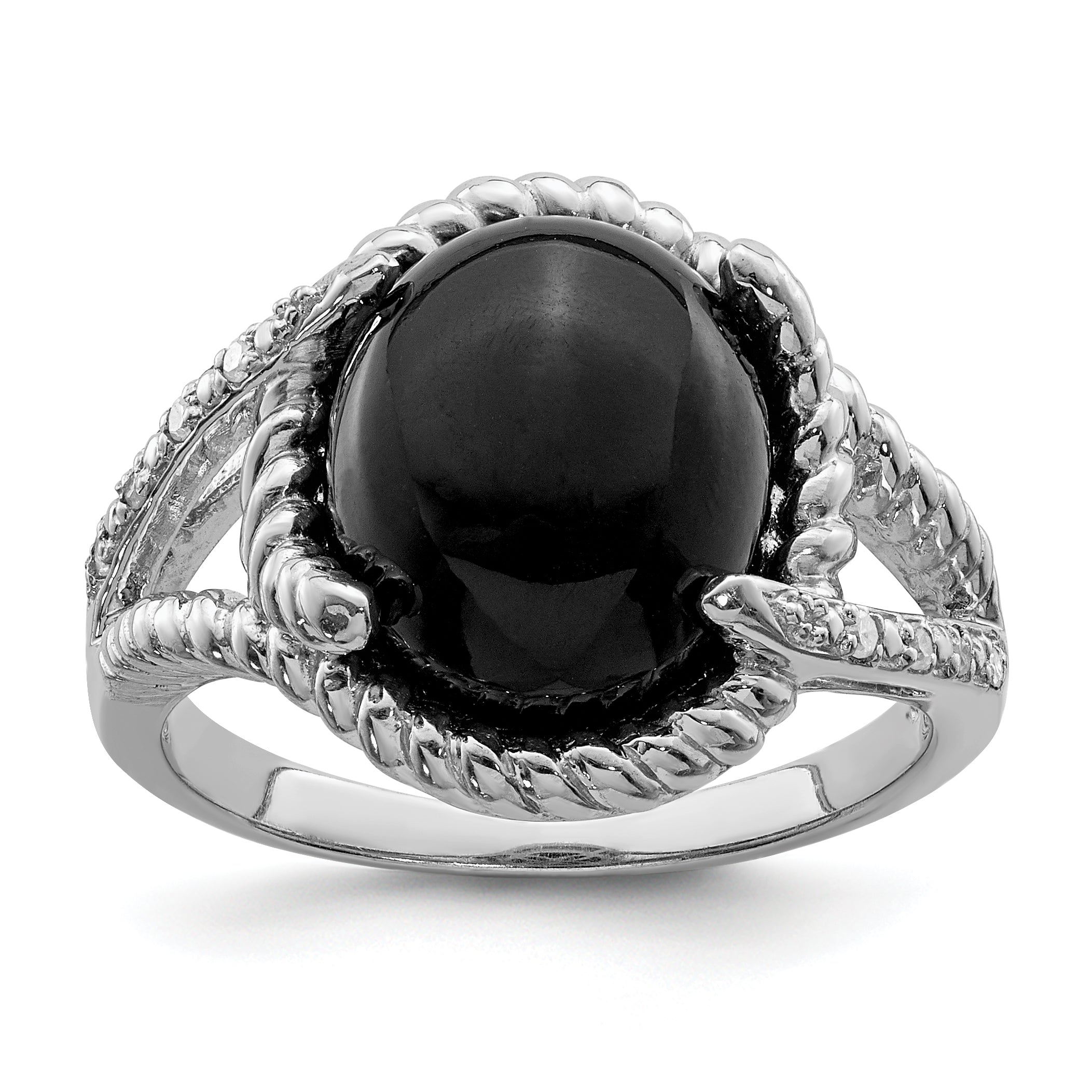 Sterling Silver Rhodium-plated Onyx and Diamond Ring