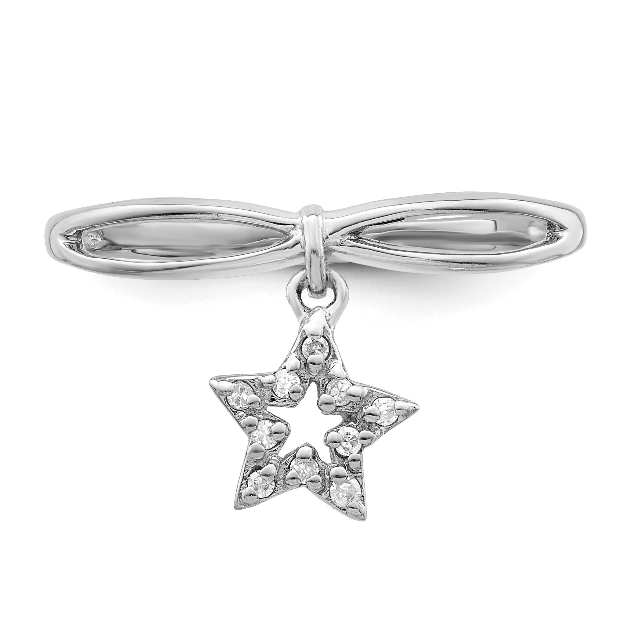 Sterling Silver Rhodium Plated Diamond Star Dangle Ring