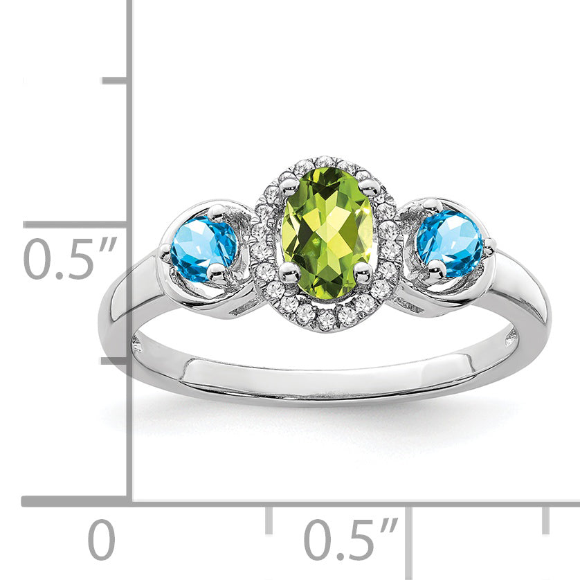 Sterling Silver Rhodium Peridot & Blue Topaz Diamond Ring