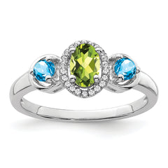 Sterling Silver Rhodium Peridot & Blue Topaz Diamond Ring