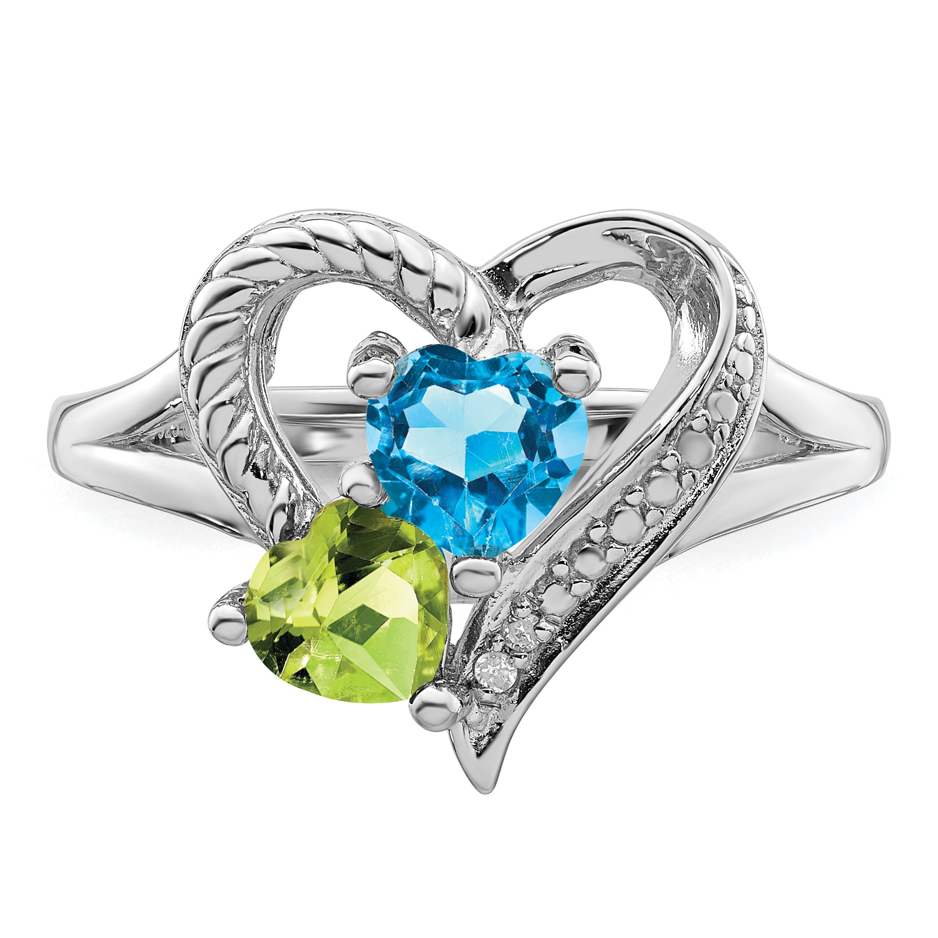 Sterling Silver Rhodium Blue Topaz Peridot Diamond Ring