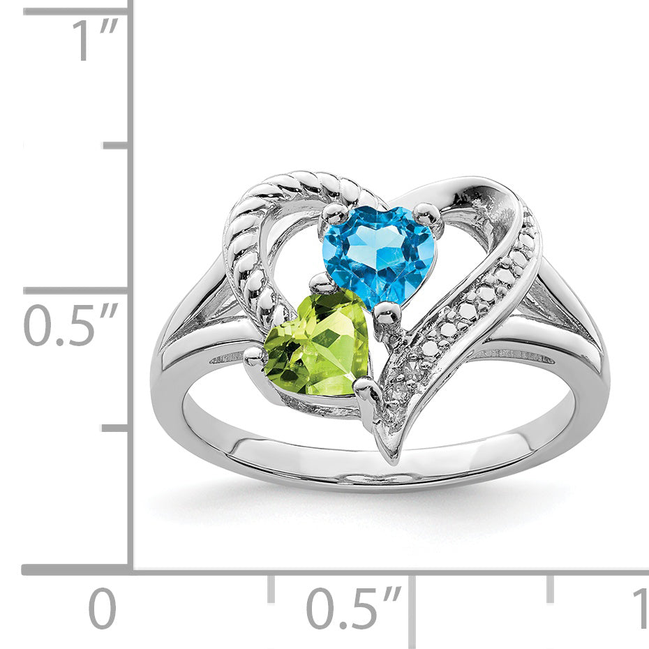 Sterling Silver Rhodium Blue Topaz Peridot Diamond Ring