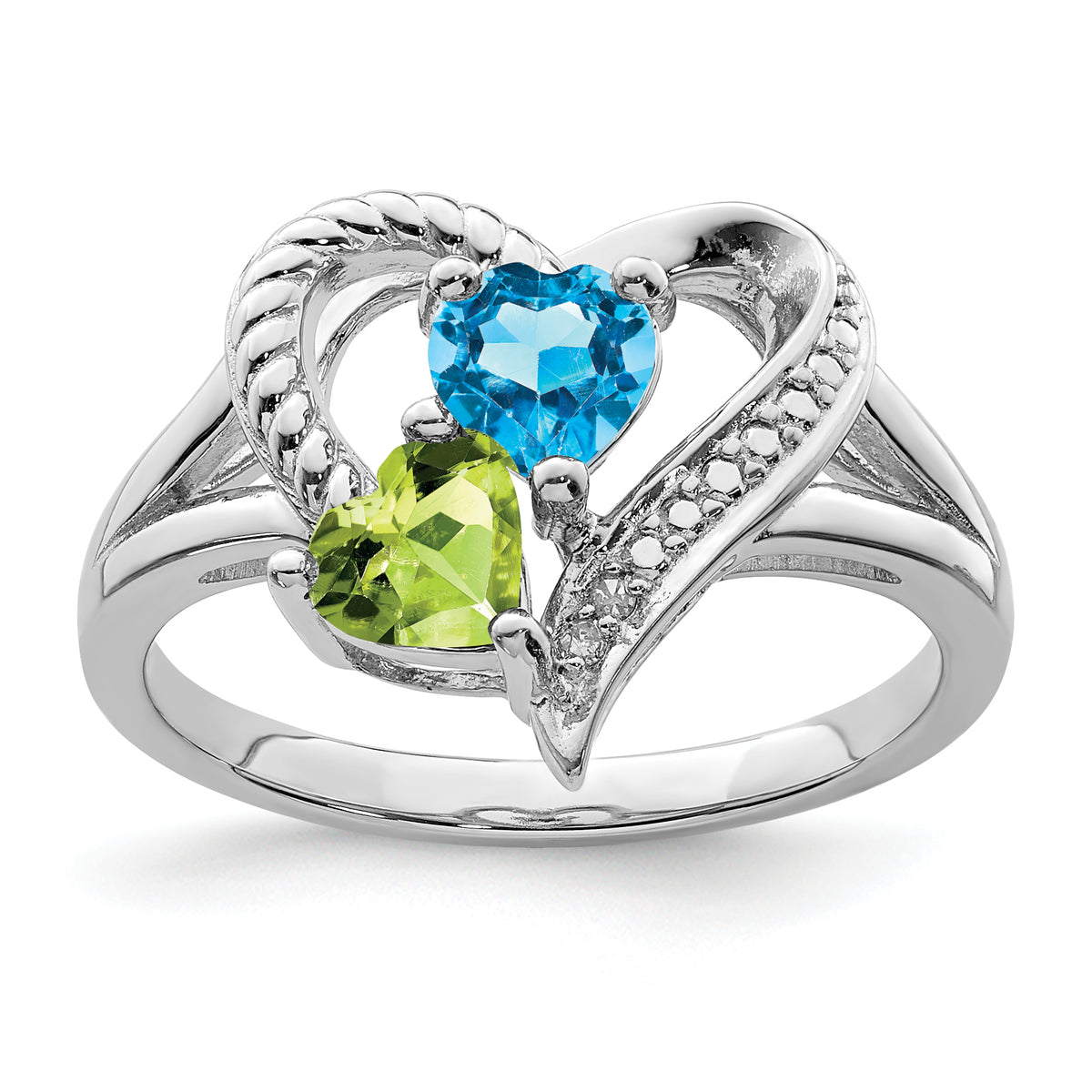 Sterling Silver Rhodium Blue Topaz Peridot Diamond Ring