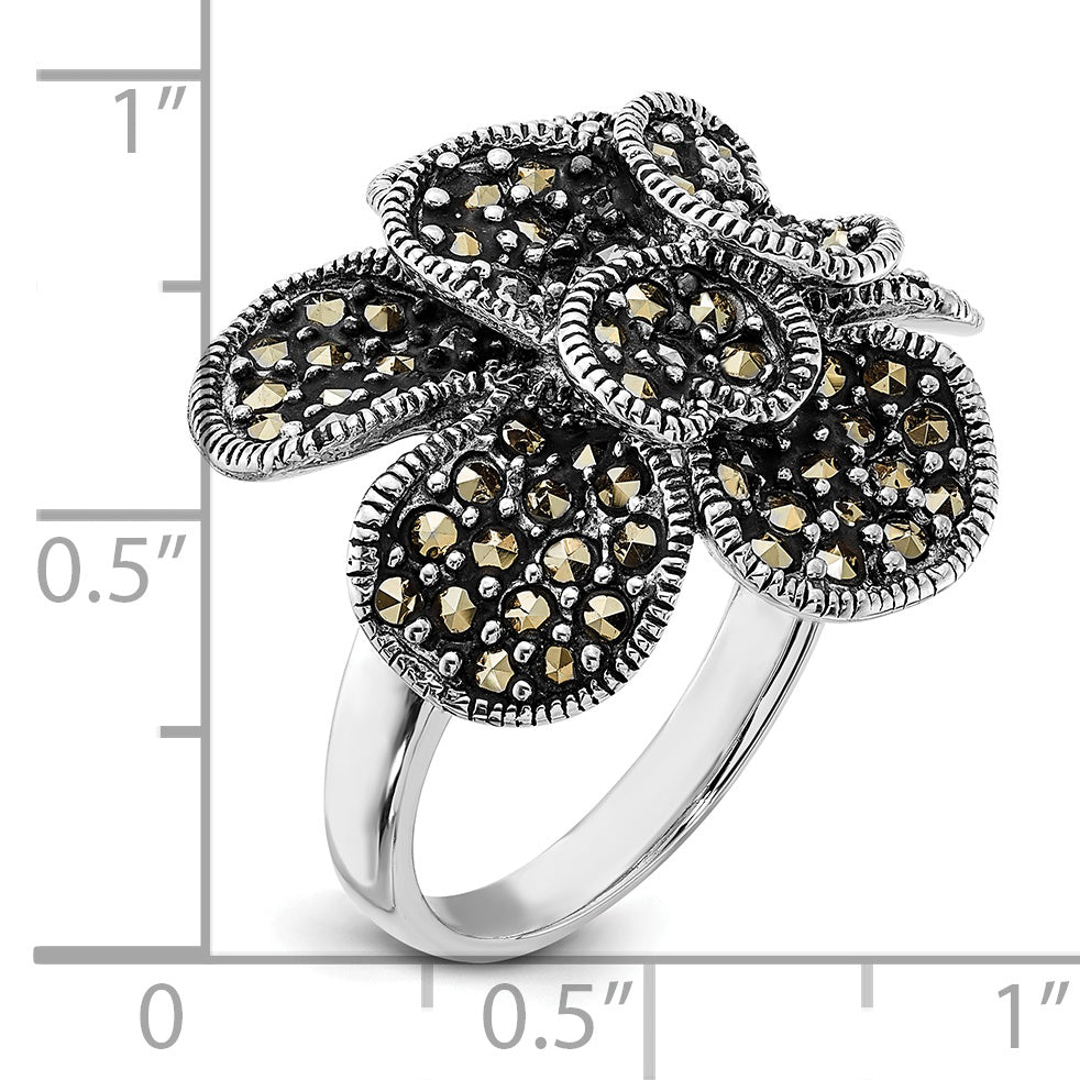 Sterling Silver Polished & Antiqued Marcasite Flower Ring