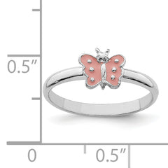 Sterling Silver RH-plated Polished Pink Enameled Butterfly Children's Ring