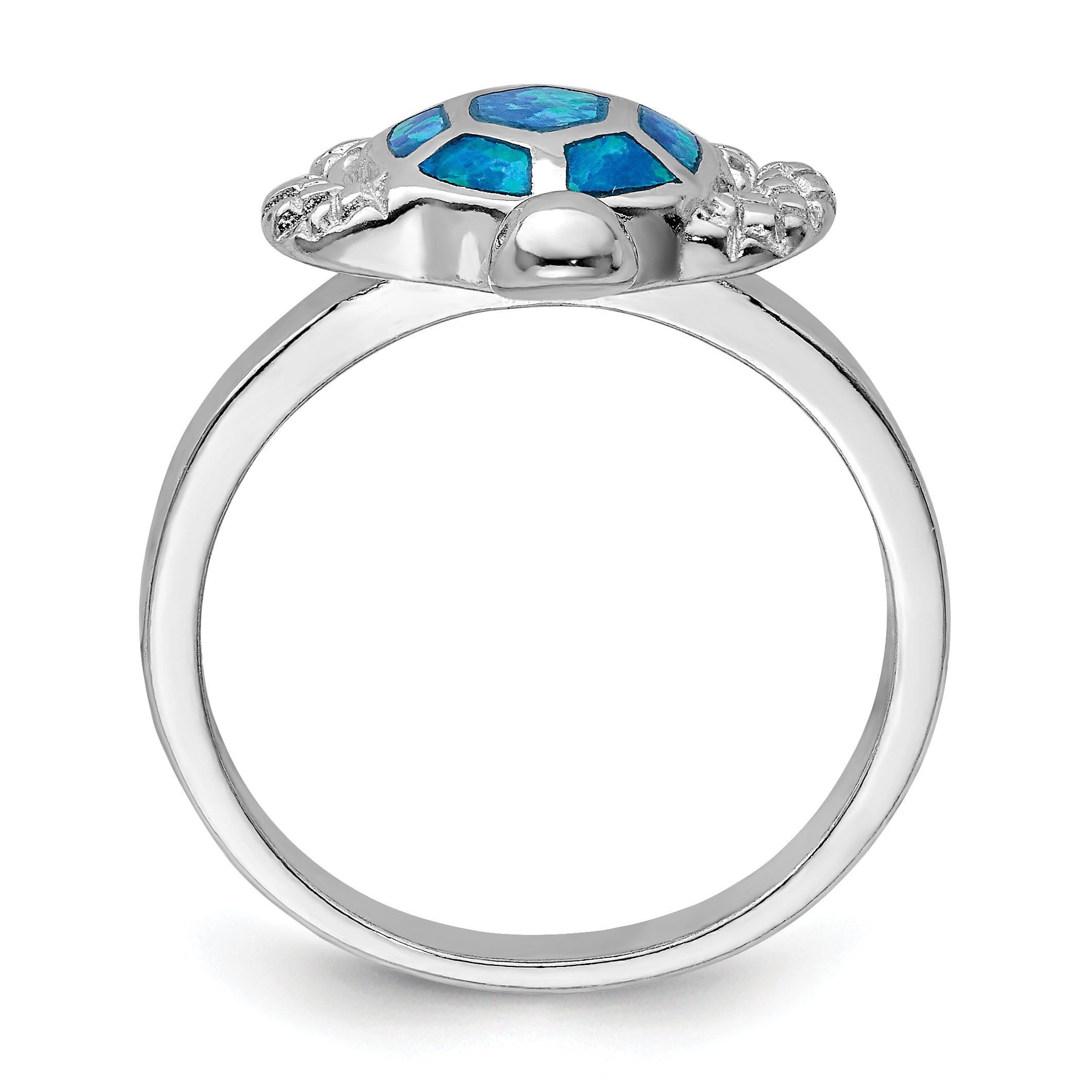 Sterling Silver Rhodium Created Blue Opal Turtle Ring