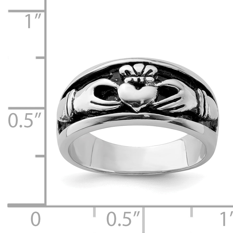 Sterling Silver Rhodium-plated Antiqued Claddagh Ring