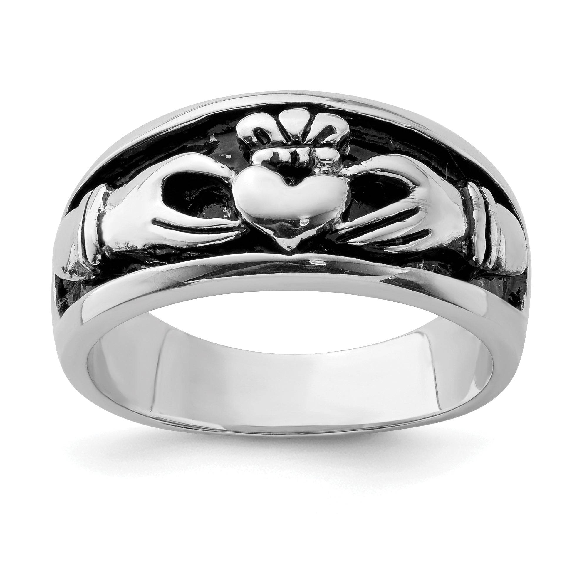 Sterling Silver Rhodium-plated Antiqued Claddagh Ring