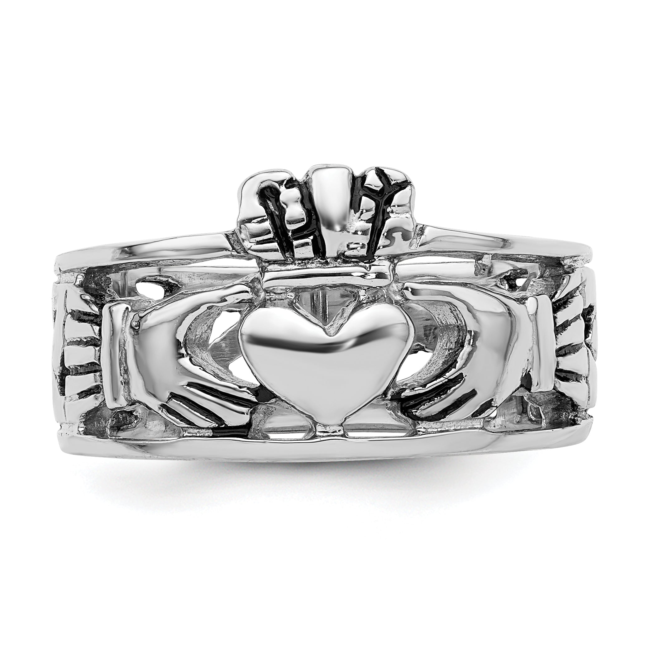 Sterling Silver Rhodium-plated and Antiqued Claddagh Ring