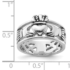 Sterling Silver Rhodium-plated and Antiqued Claddagh Ring