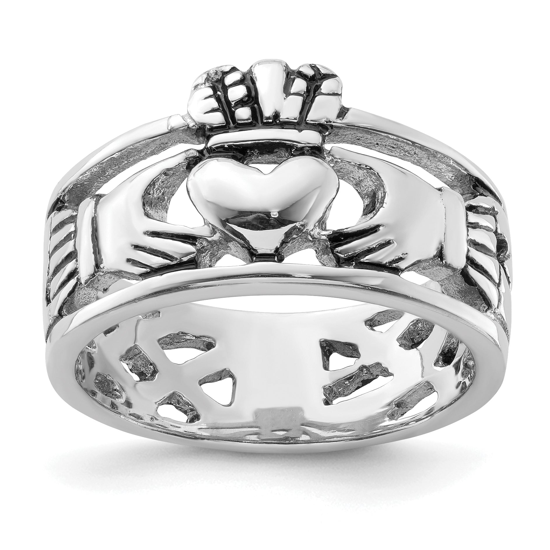 Sterling Silver Rhodium-plated and Antiqued Claddagh Ring