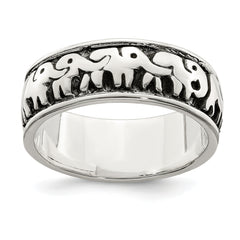 Sterling Silver Polished and Antiqued Elephants Ring