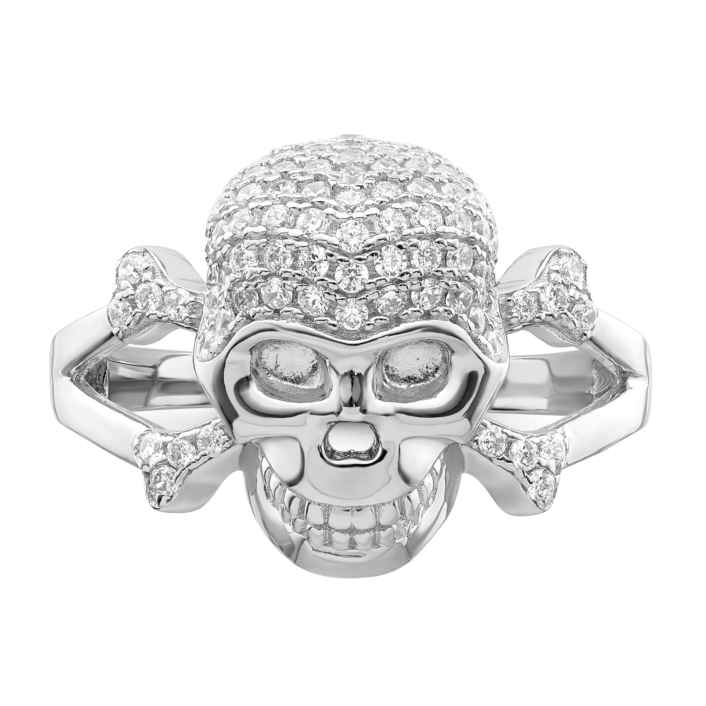 Sterling Silver Rhodium-plated & CZ Skull Ring