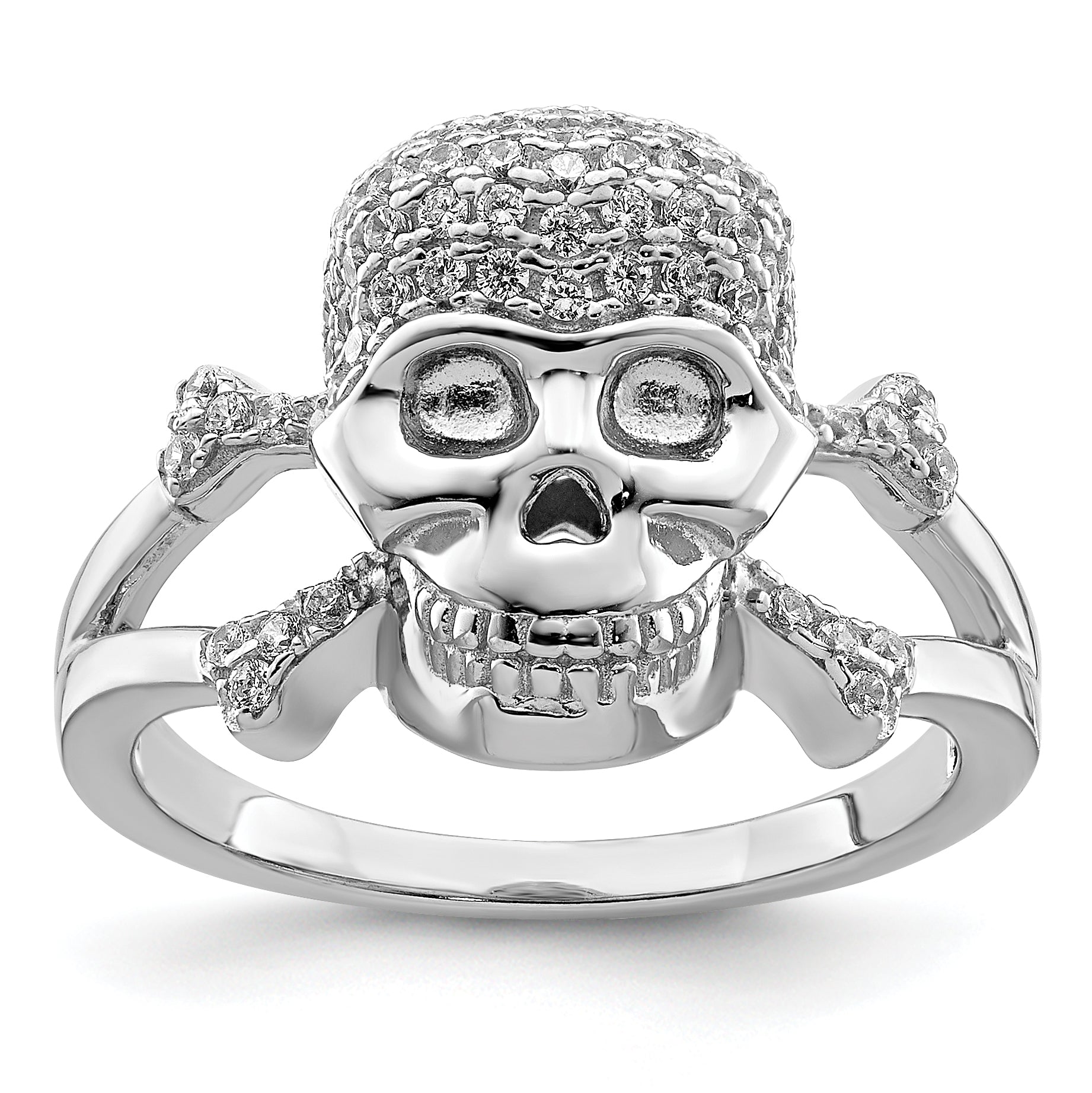 Sterling Silver Rhodium-plated & CZ Skull Ring