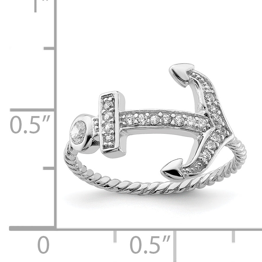 Sterling Silver Rhodium-plated Polished & Textured CZ Anchor Ring