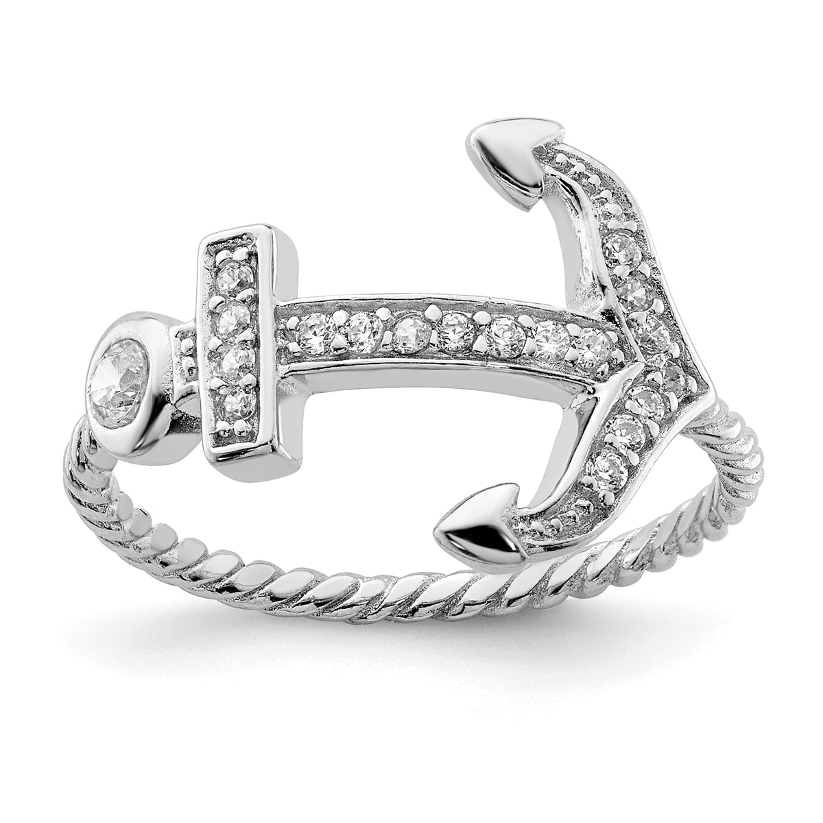 Sterling Silver Rhodium-plated Polished & Textured CZ Anchor Ring