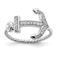 Sterling Silver Rhodium-plated Polished & Textured CZ Anchor Ring