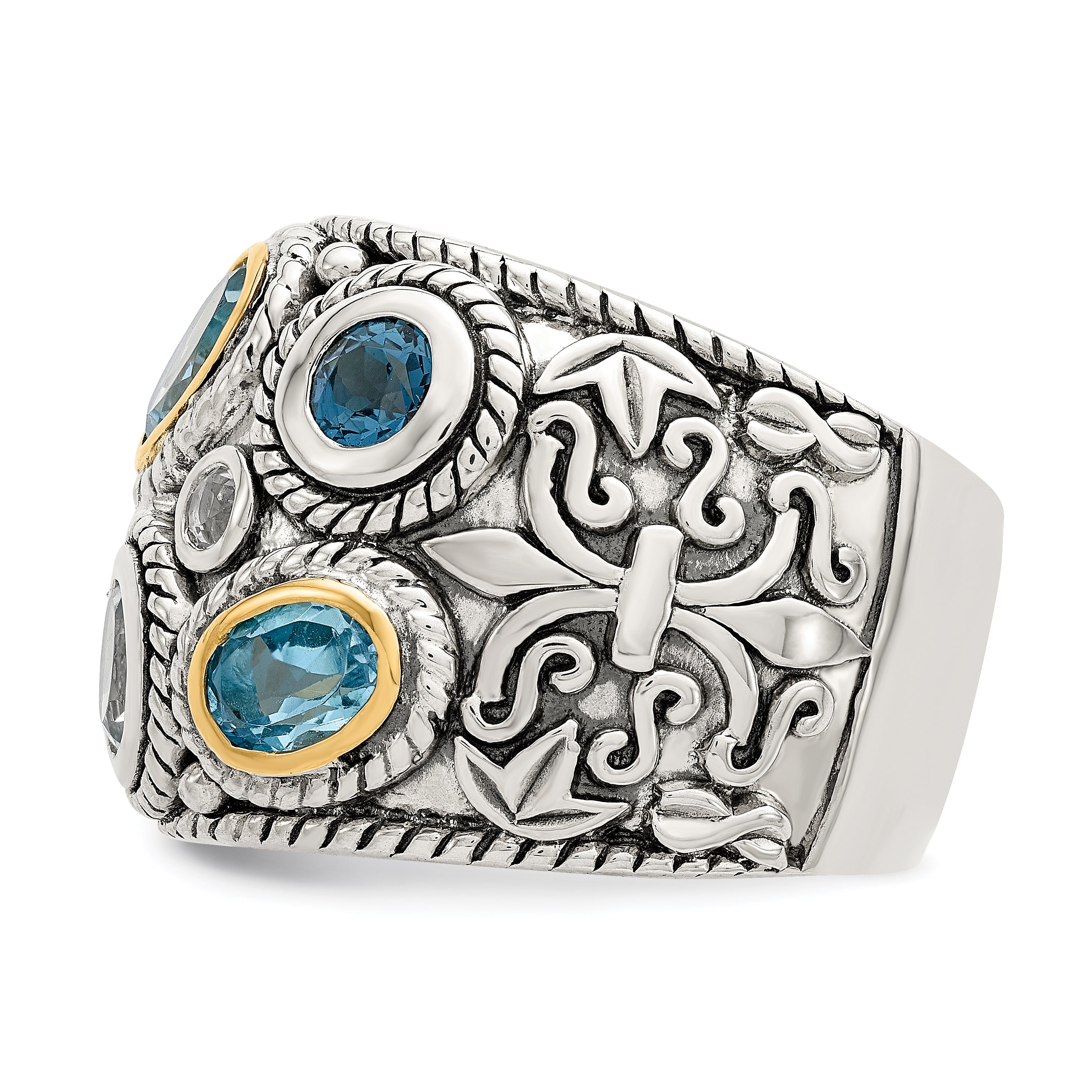 Sterling Silver With14k Gold and Blue Topaz Fancy Ring