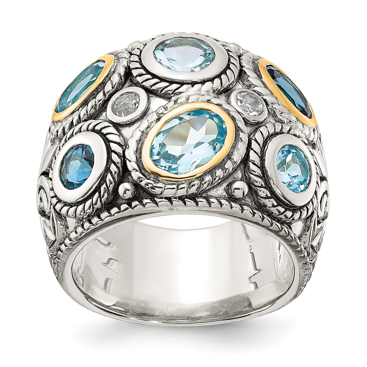 Sterling Silver With14k Gold and Blue Topaz Fancy Ring