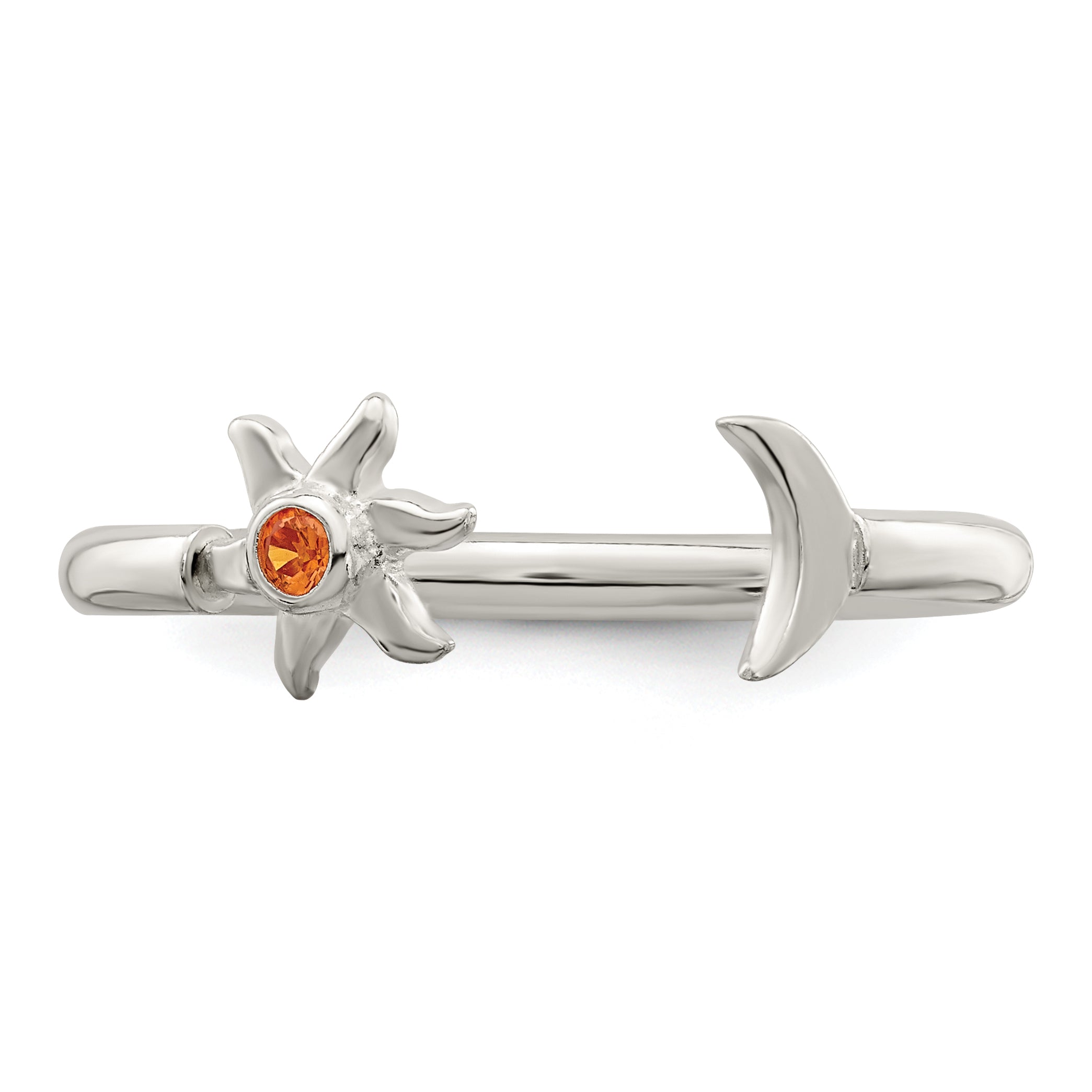 Sterling Silver Polished Half Moon and Sun Orange CZ Adjustable Ring