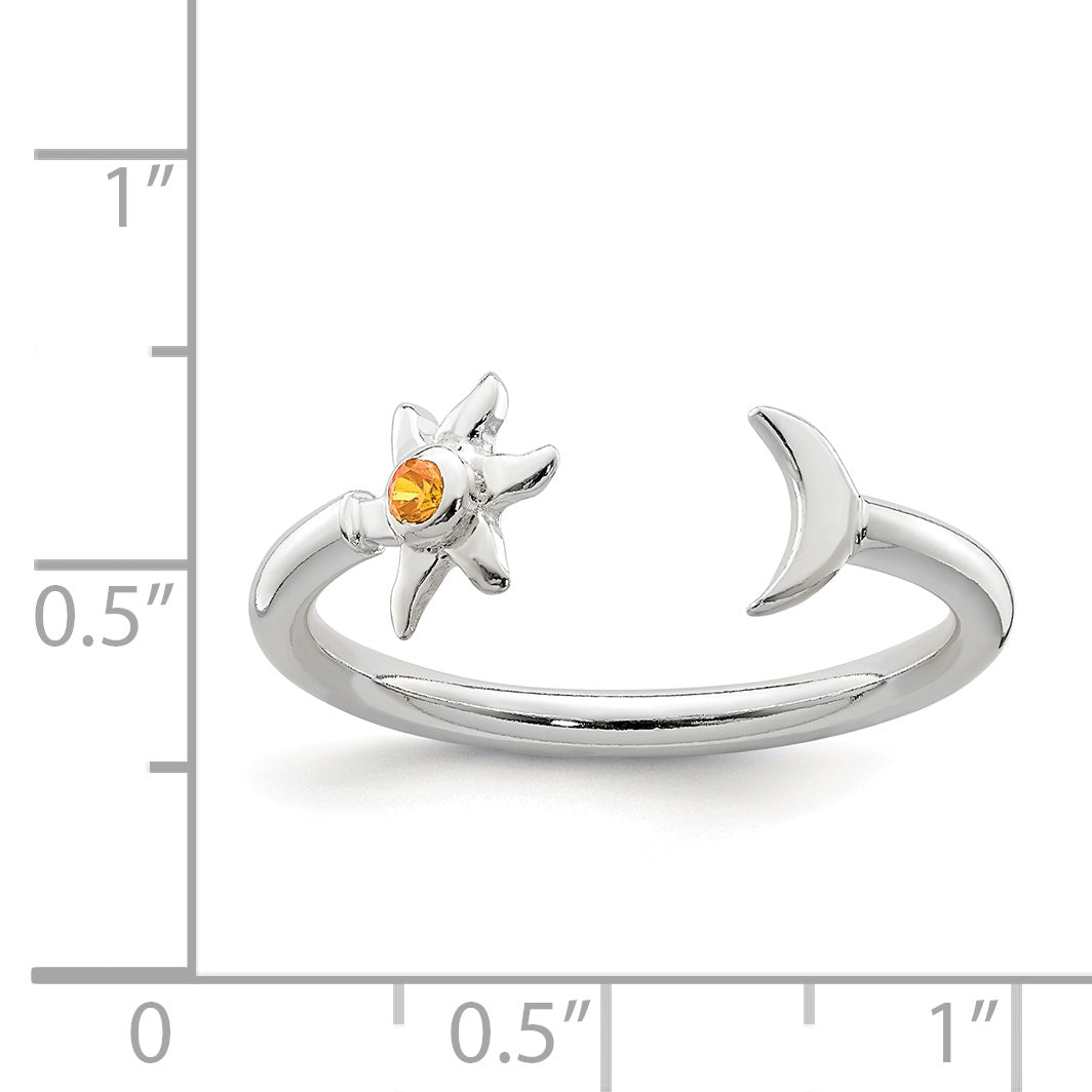 Sterling Silver Polished Half Moon and Sun Orange CZ Adjustable Ring