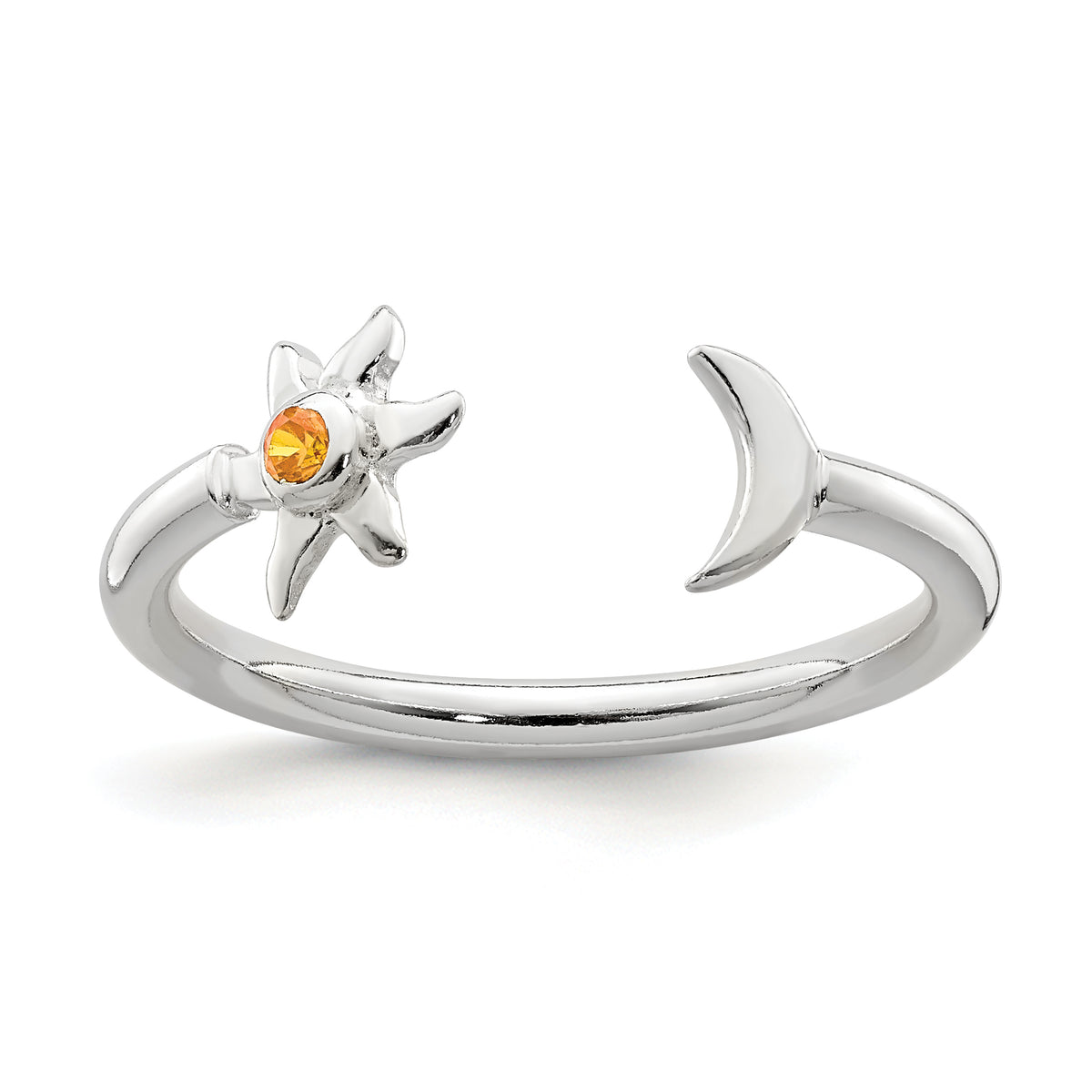 Sterling Silver Polished Half Moon and Sun Orange CZ Adjustable Ring