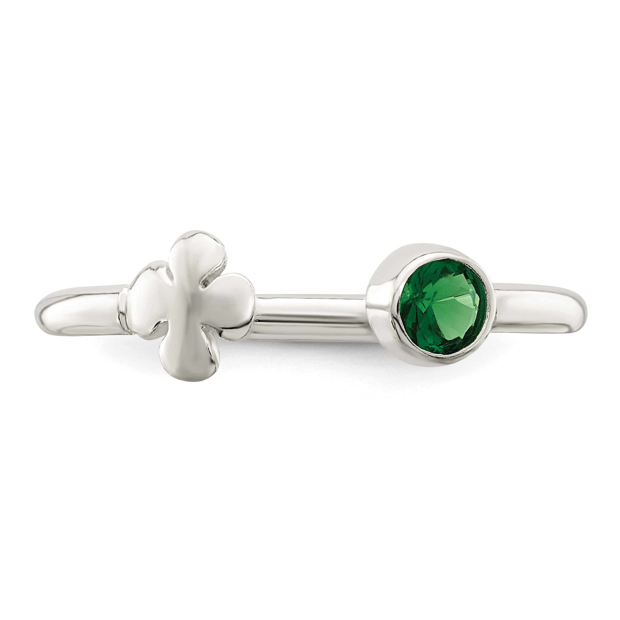 Sterling Silver Green Glass Bead 4-Leaf Clover Adjustable Ring