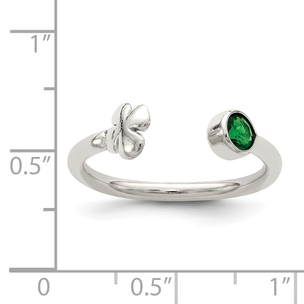 Sterling Silver Green Glass Bead 4-Leaf Clover Adjustable Ring