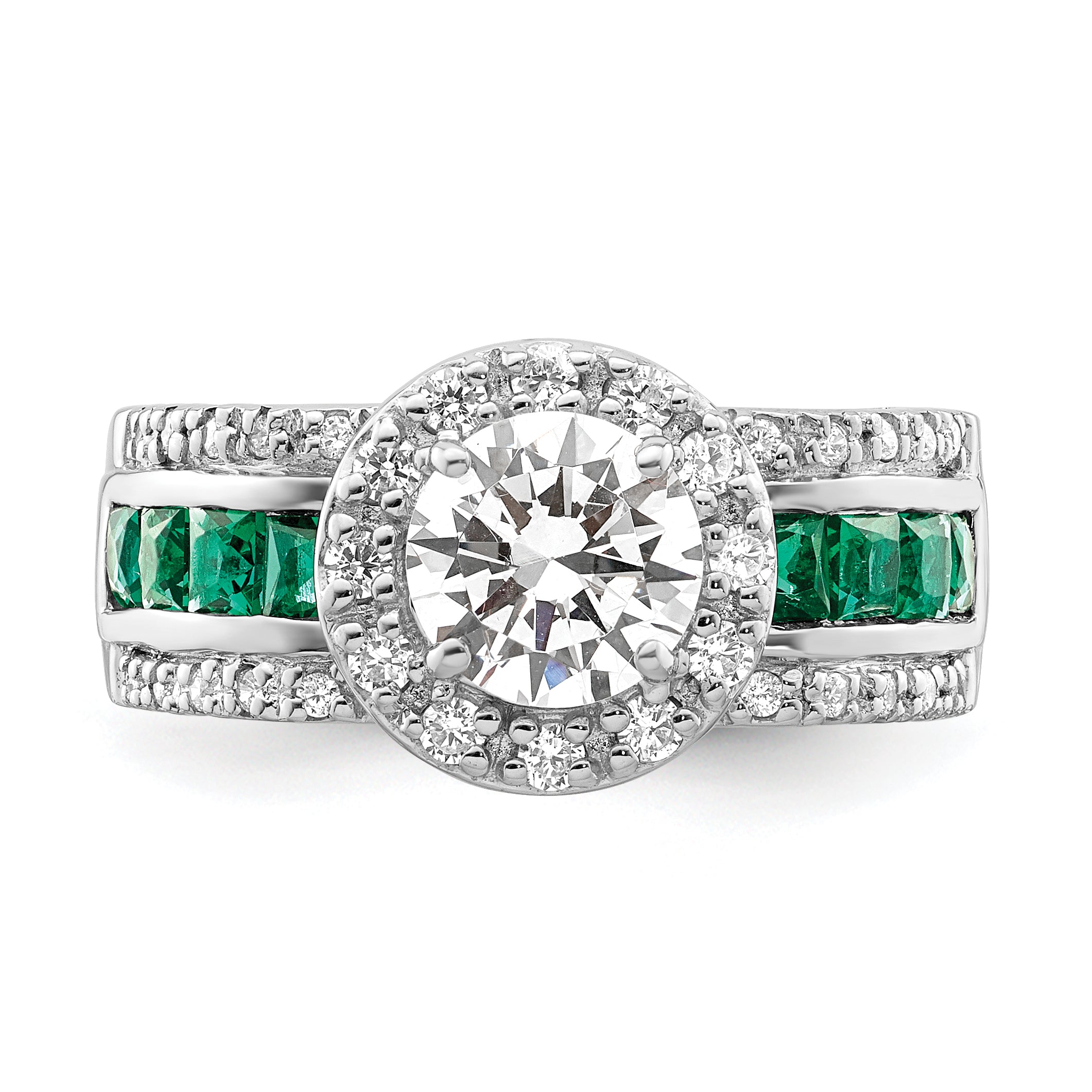 Sterling Silver Rhodium-plated CZ and Lab Created Emerald Ring