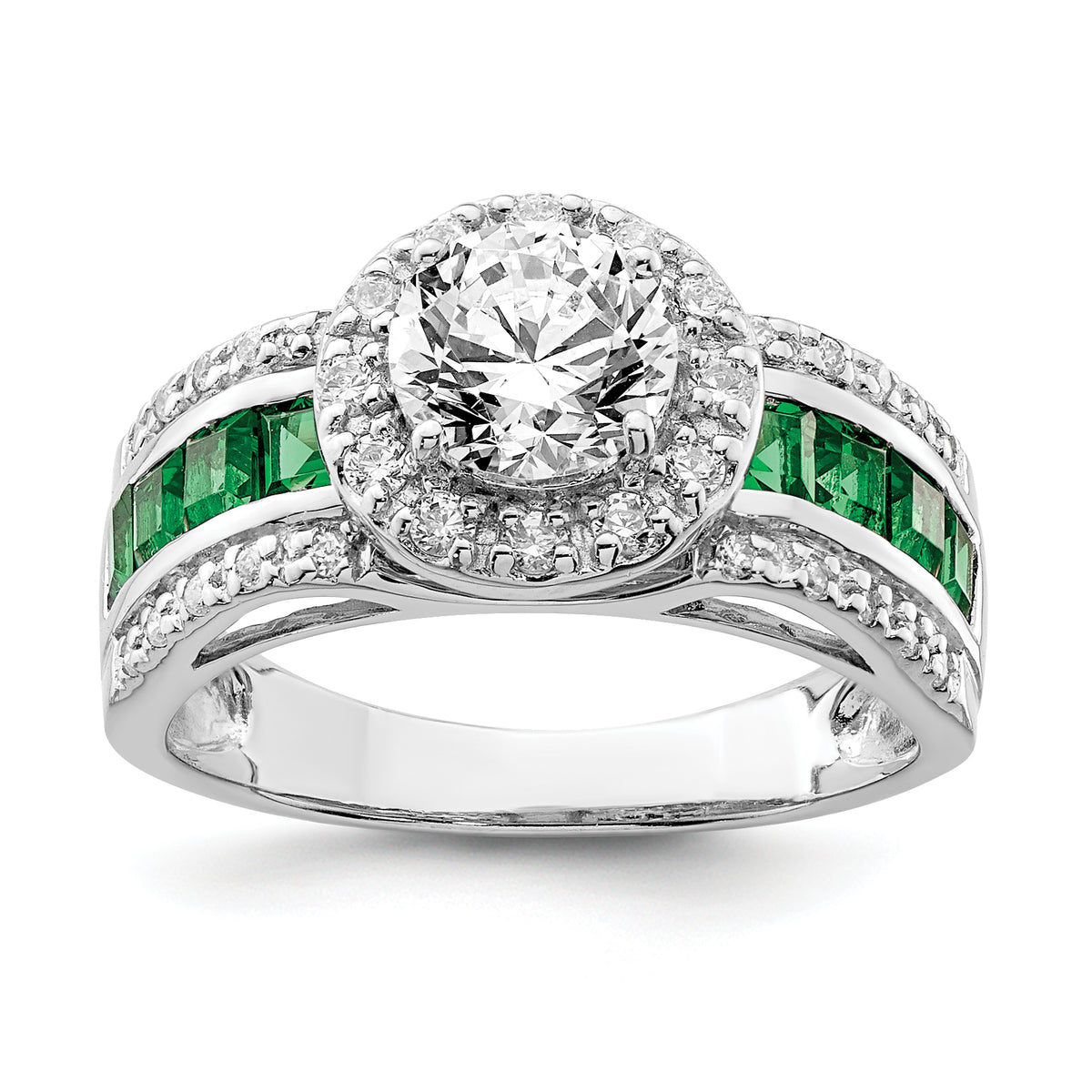 Sterling Silver Rhodium-plated CZ and Lab Created Emerald Ring