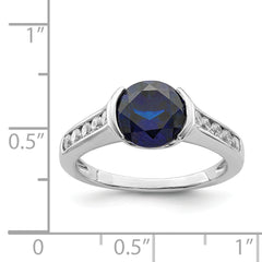 Sterling Silver Rhodium-plated Synthetic Blue Sapphire and CZ Bezel Ring