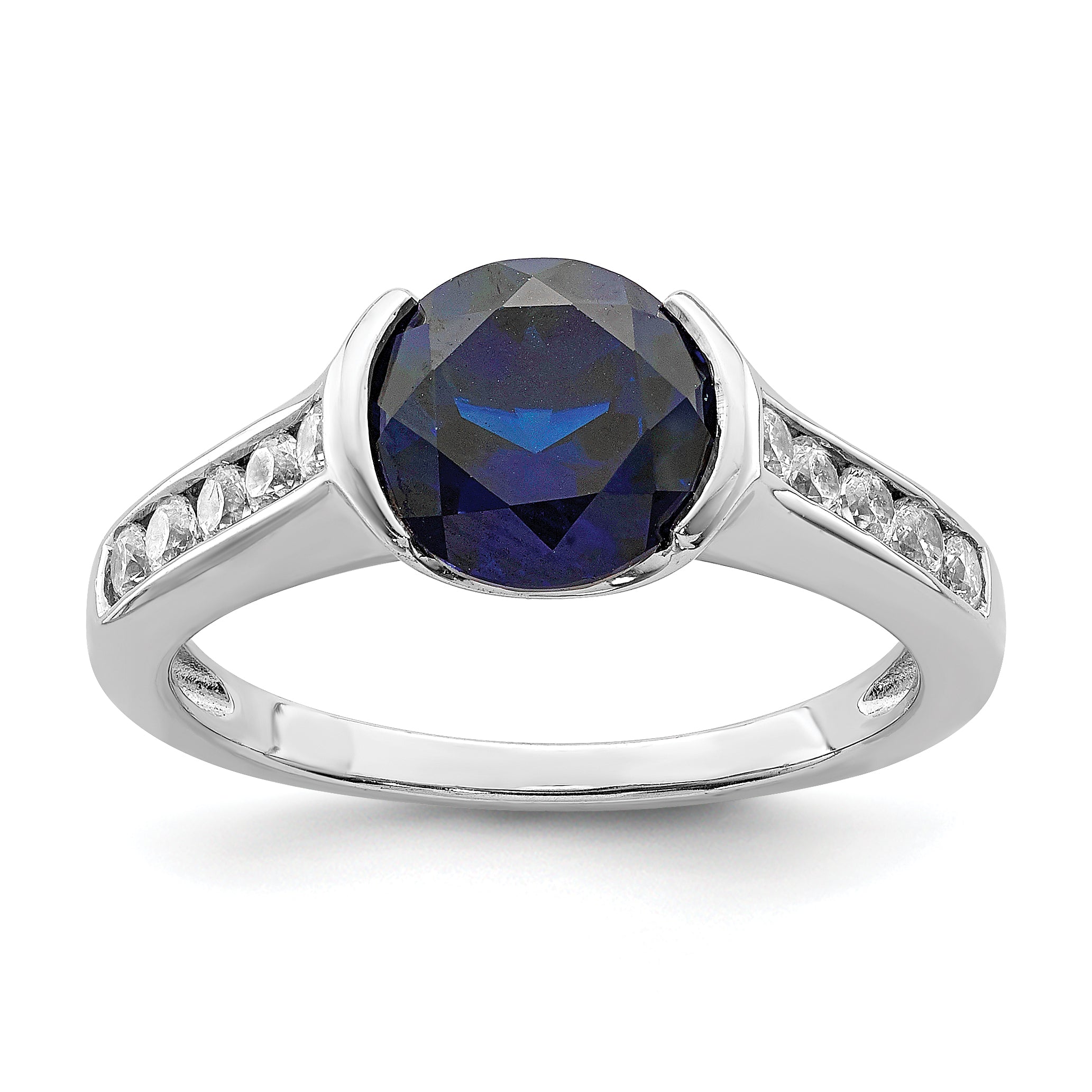 Sterling Silver Rhodium-plated Synthetic Blue Sapphire and CZ Bezel Ring