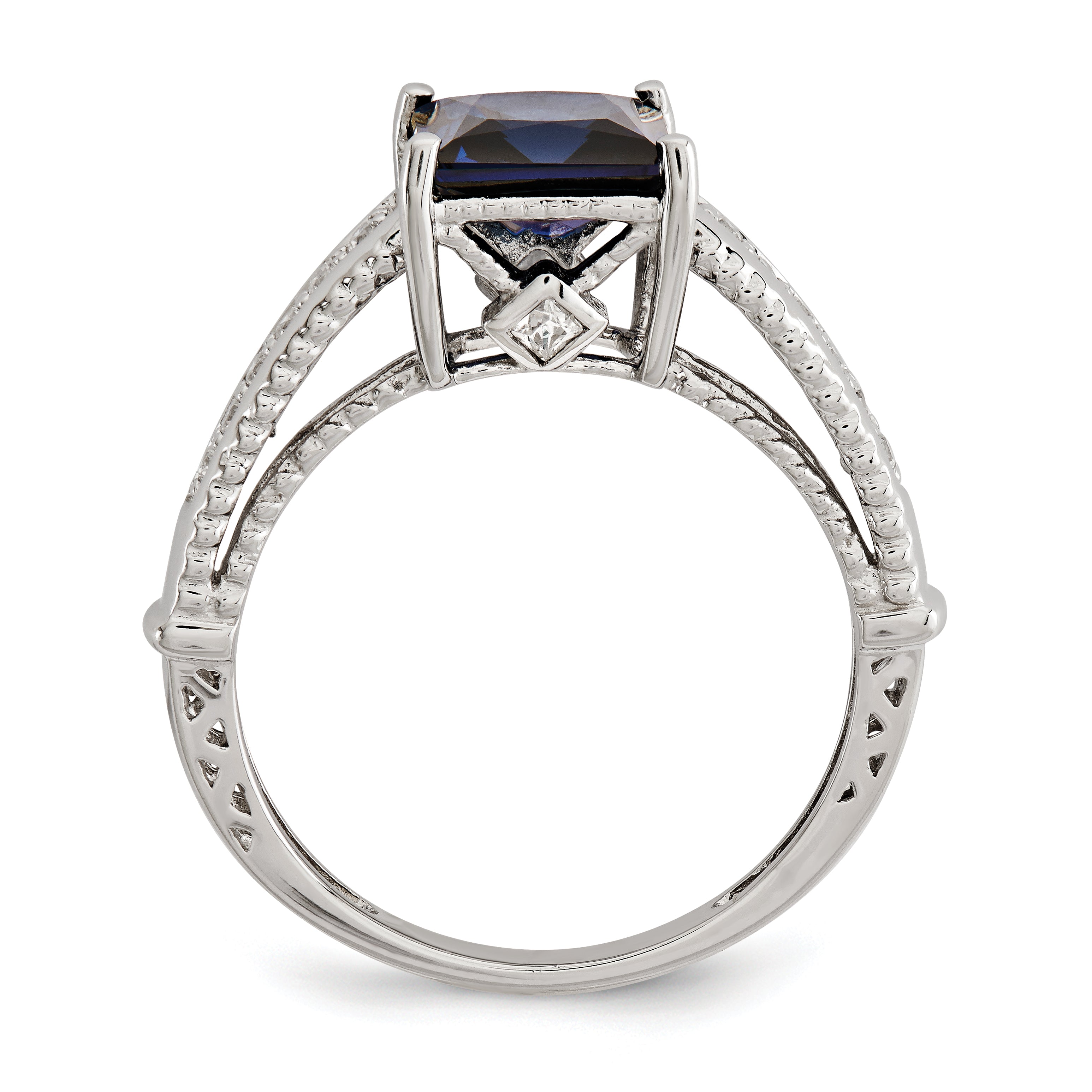 Sterling Silver Rhodium-plated Synthetic Blue Sapphire and CZ Ring