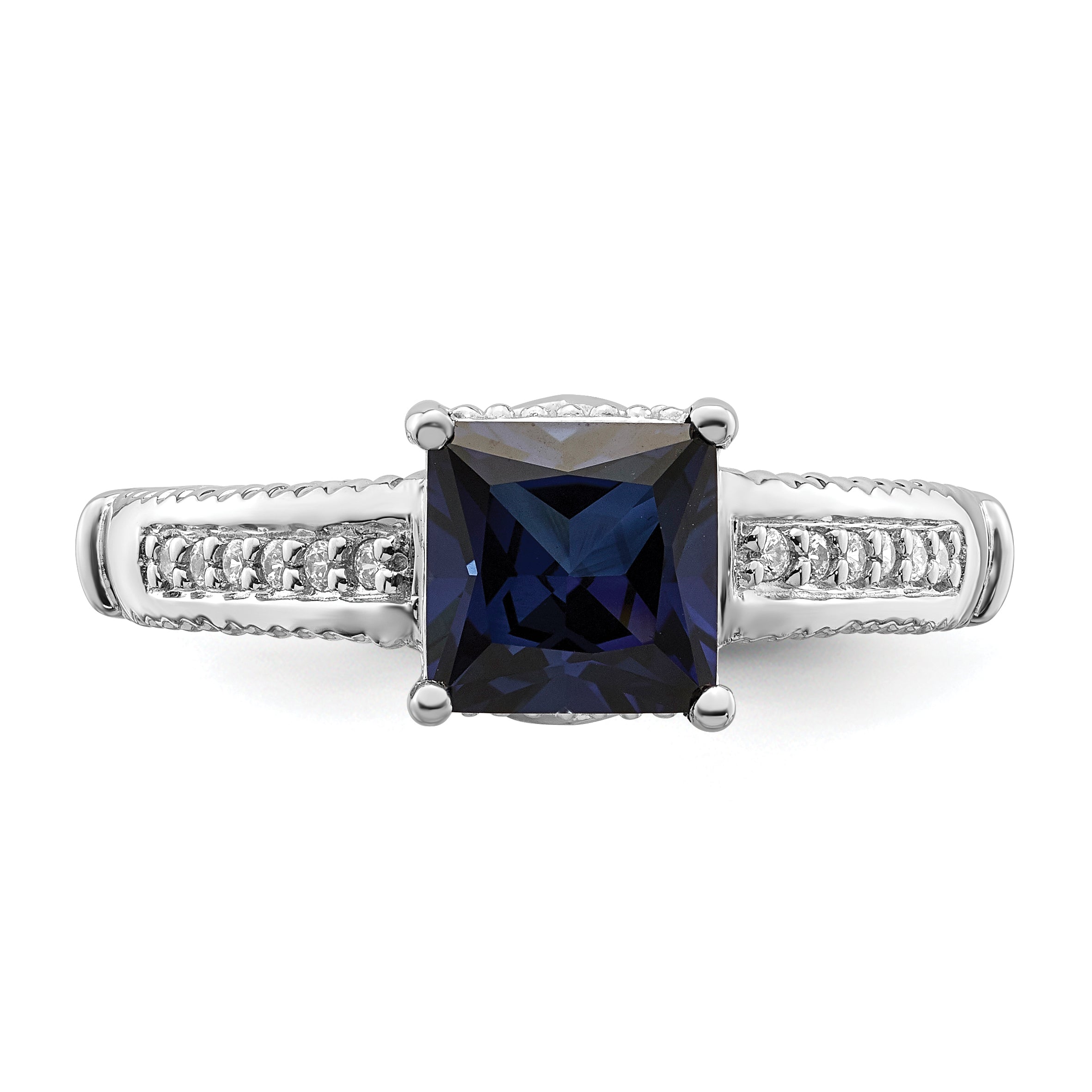 Sterling Silver Rhodium-plated Synthetic Blue Sapphire and CZ Ring