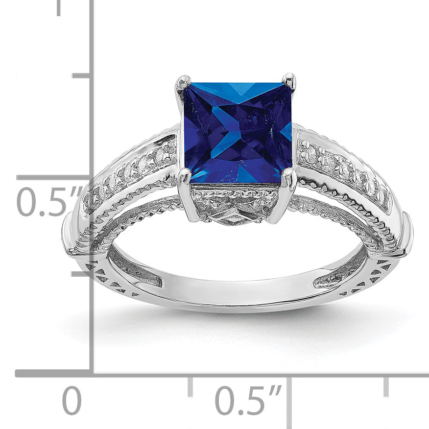 Sterling Silver Rhodium-plated Synthetic Blue Sapphire and CZ Ring