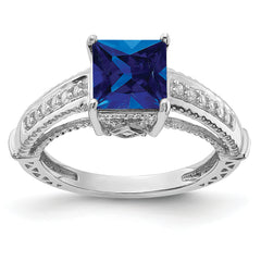 Sterling Silver Rhodium-plated Lab Created Blue Sapphire and CZ Ring