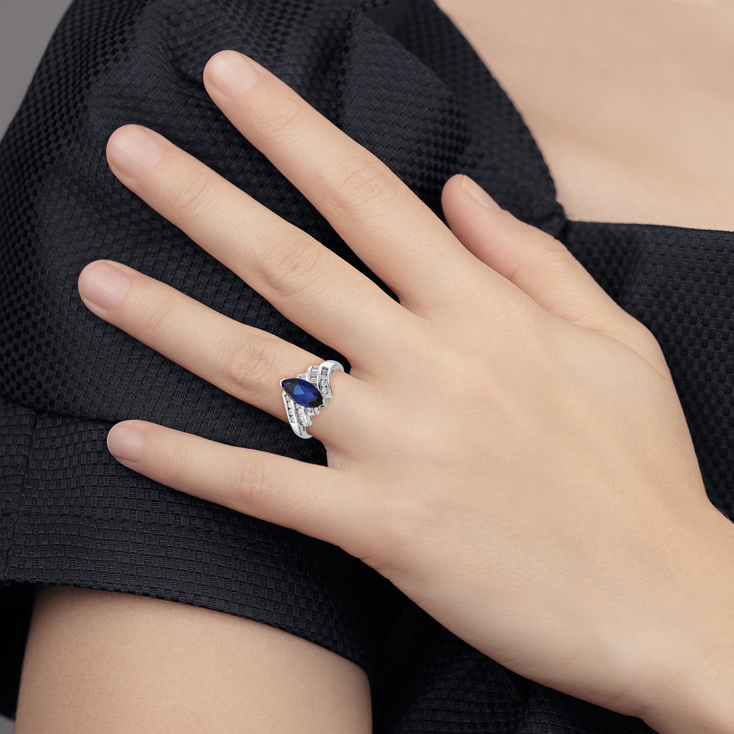 Sterling Silver Rhodium-plated Created Blue Sapphire and CZ Marquise Ring