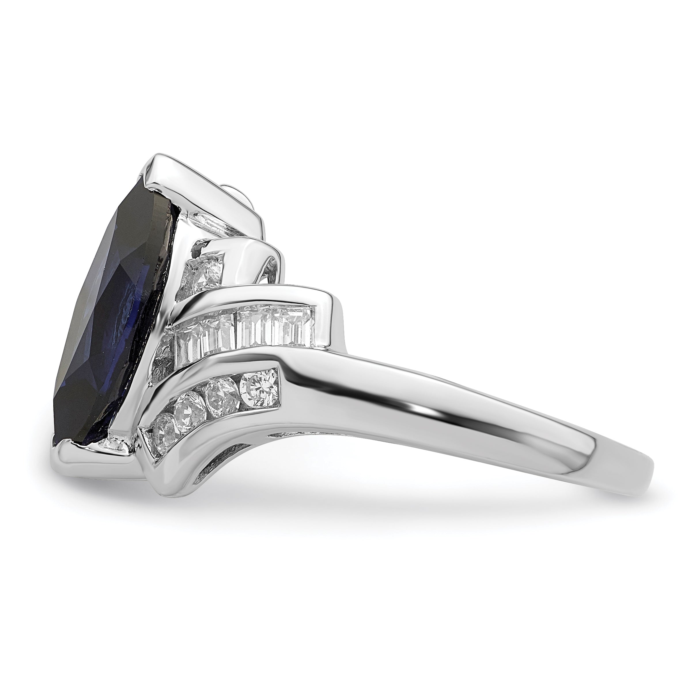 Sterling Silver Rhodium-plated Created Blue Sapphire and CZ Marquise Ring