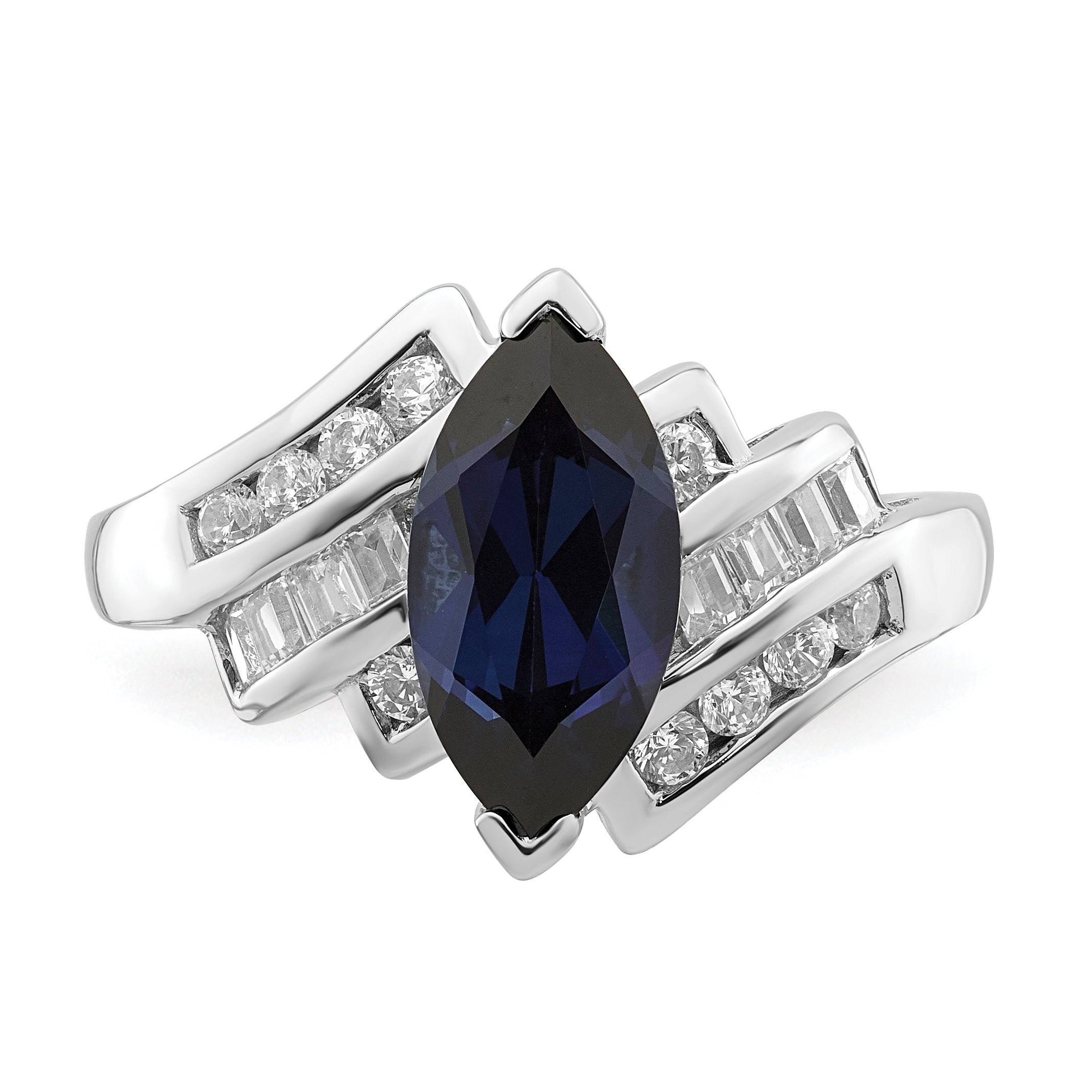 Sterling Silver Rhodium-plated Created Blue Sapphire and CZ Marquise Ring