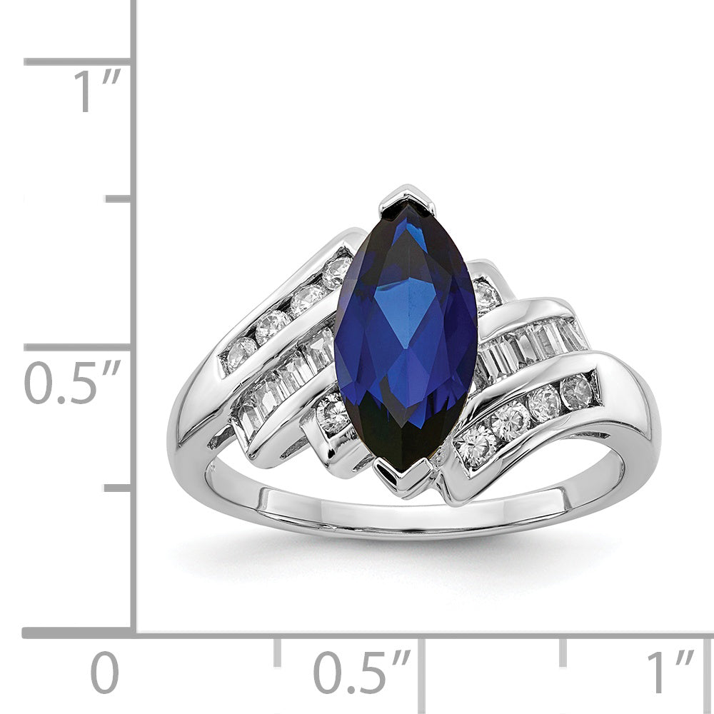 Sterling Silver Rhodium-plated Created Blue Sapphire and CZ Marquise Ring