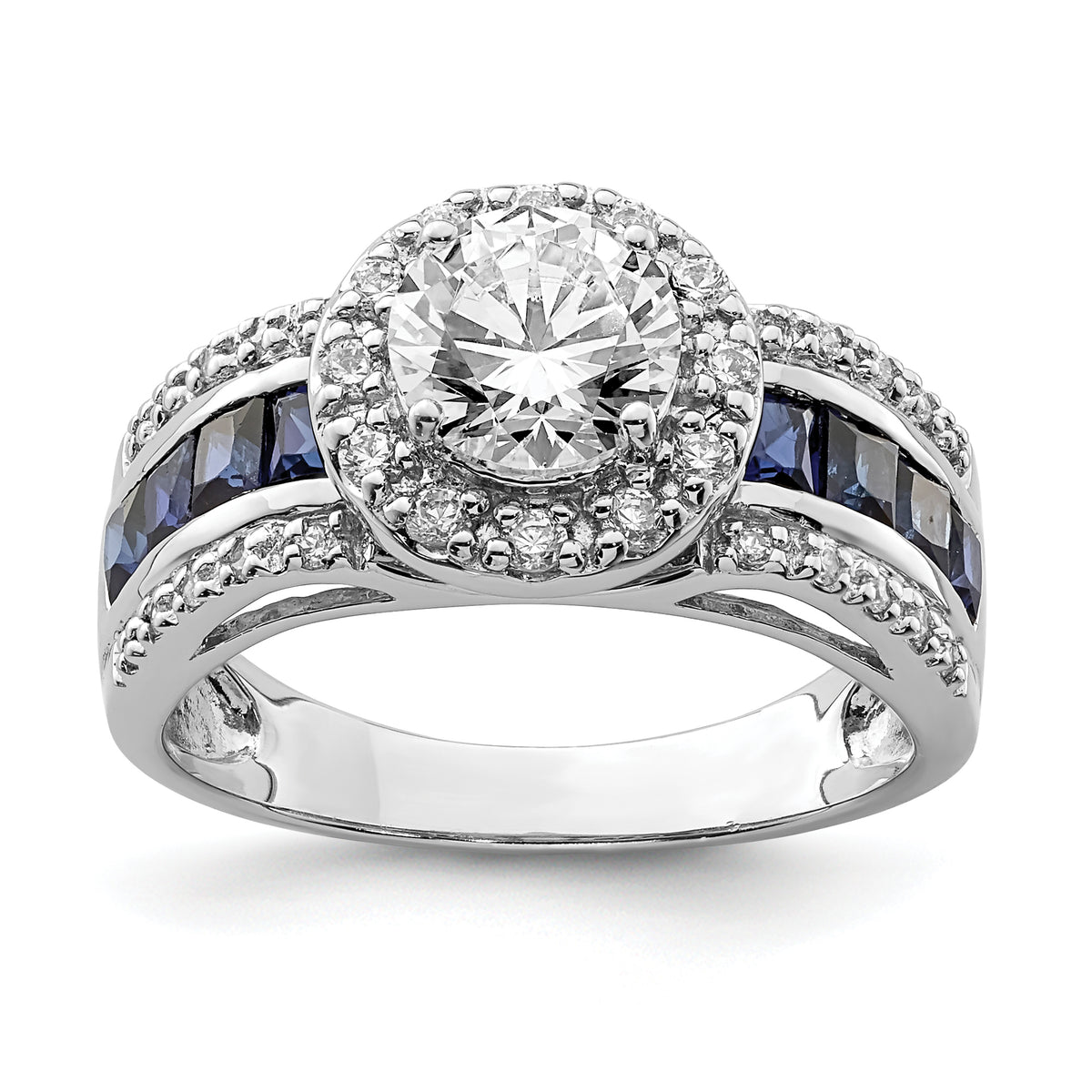 Sterling Silver Rhodium-plated CZ and Lab Created Sapphire Ring