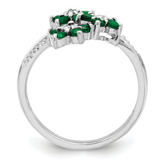 Sterling Silver Rhodium-plated 3 Flower Emerald and Diamond Ring