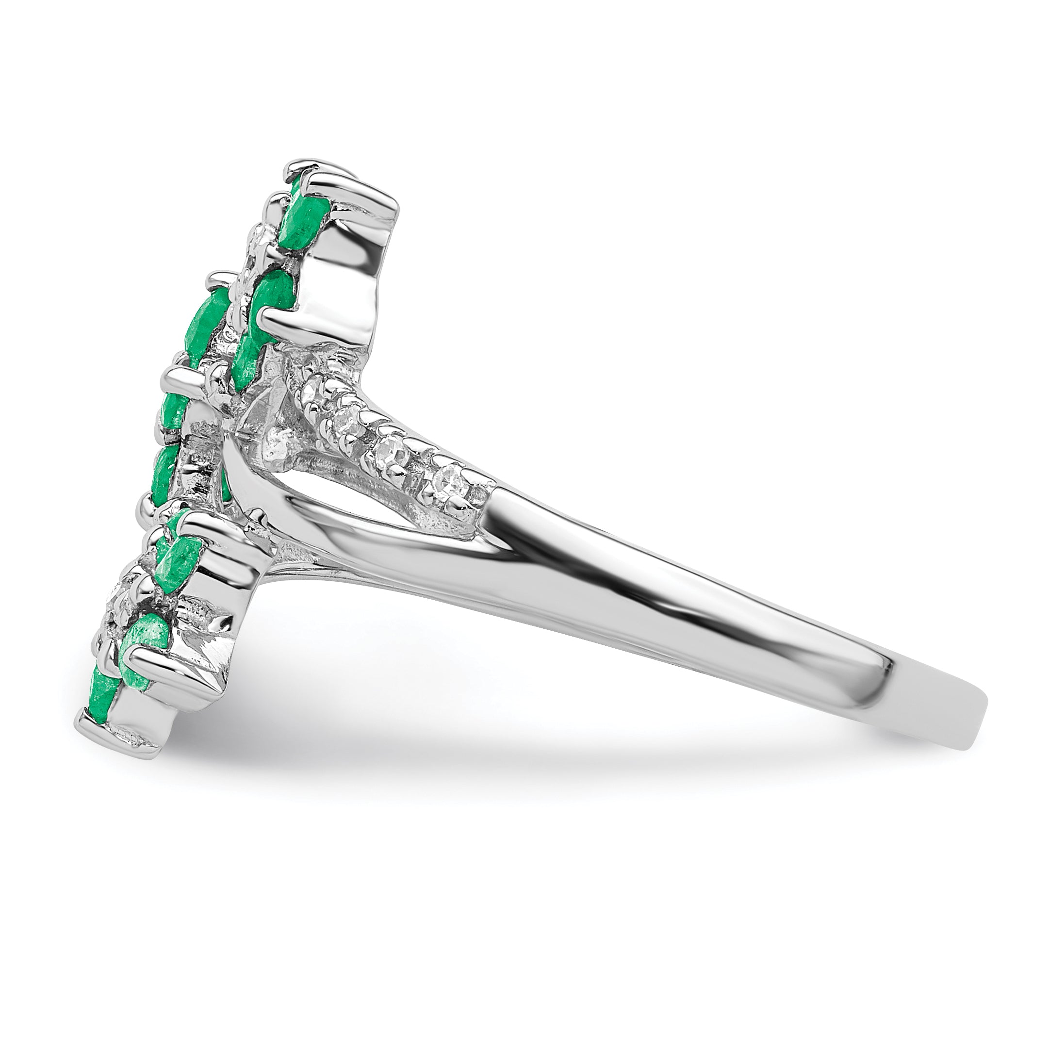 Sterling Silver Rhodium-plated 3 Flower Emerald and Diamond Ring