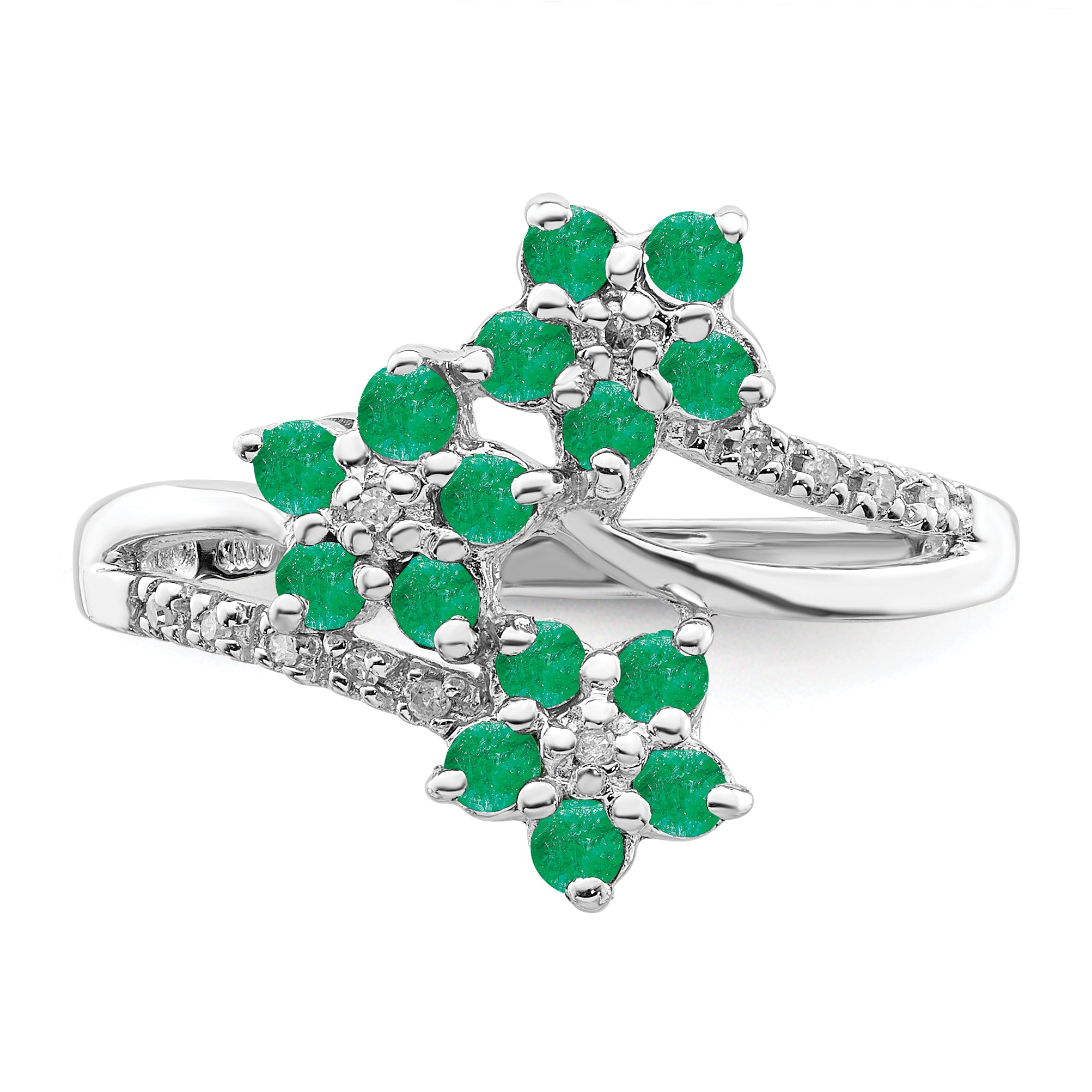 Sterling Silver Rhodium-plated 3 Flower Emerald and Diamond Ring