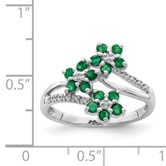 Sterling Silver Rhodium-plated 3 Flower Emerald and Diamond Ring