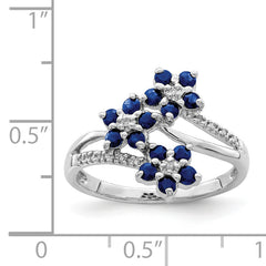 Sterling Silver Rhodium-plated 3 Flower Sapphire and Diamond Ring