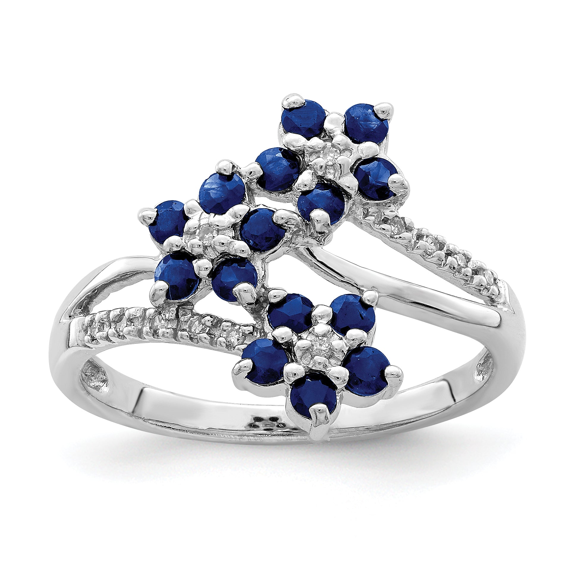 Sterling Silver Rhodium-plated 3 Flower Sapphire and Diamond Ring